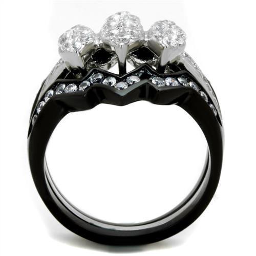 TK1869 Two-Tone IP Black Stainless Steel Ring featuring a clear AAA grade cubic zirconia stone, showcasing a modern and elegant design.