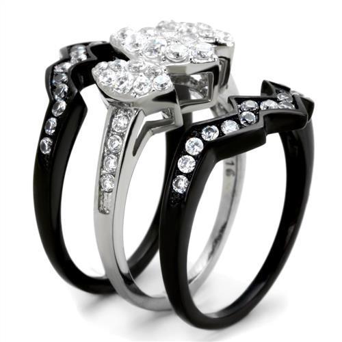 TK1869 Two-Tone IP Black Stainless Steel Ring featuring a clear AAA grade cubic zirconia stone, showcasing a modern and elegant design.