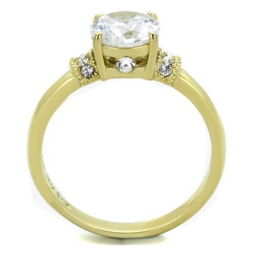 TK1877 IP Gold Stainless Steel Ring featuring AAA Grade clear CZ stone, showcasing its elegant design and durable material.