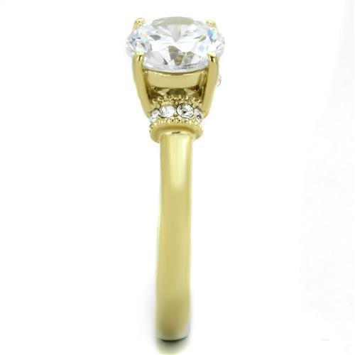 TK1877 IP Gold Stainless Steel Ring featuring AAA Grade clear CZ stone, showcasing its elegant design and durable material.