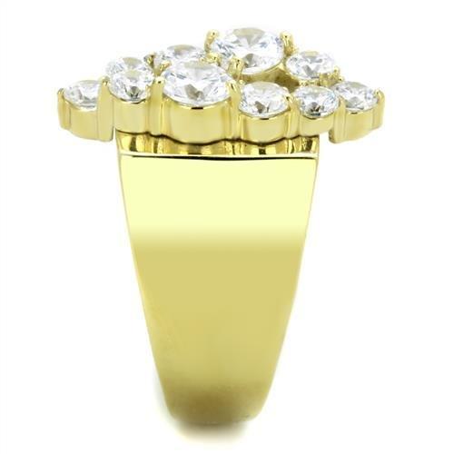 TK1879 IP Gold Stainless Steel Ring featuring a clear AAA Grade CZ stone, showcasing its elegant design and luxurious finish.