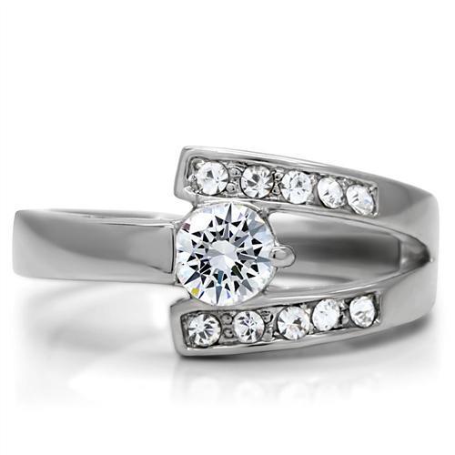 TK189 High Polished Stainless Steel Ring featuring AAA Grade clear CZ center stone, showcasing a sleek and modern design.