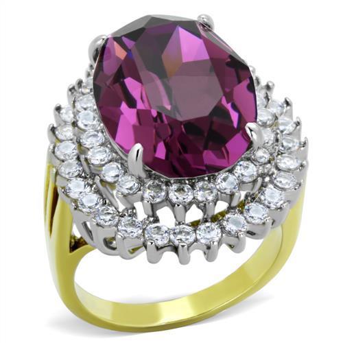 TK1892 Two-Tone IP Gold Stainless Steel Ring featuring an Amethyst crystal centerpiece, showcasing its elegant design.