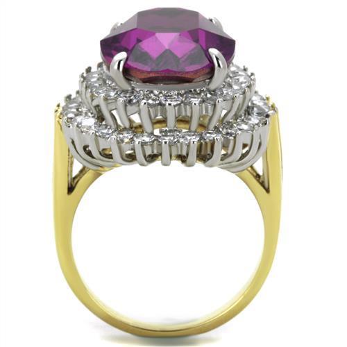 TK1892 Two-Tone IP Gold Stainless Steel Ring featuring an Amethyst crystal centerpiece, showcasing its elegant design.