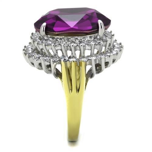 TK1892 Two-Tone IP Gold Stainless Steel Ring featuring an Amethyst crystal centerpiece, showcasing its elegant design.