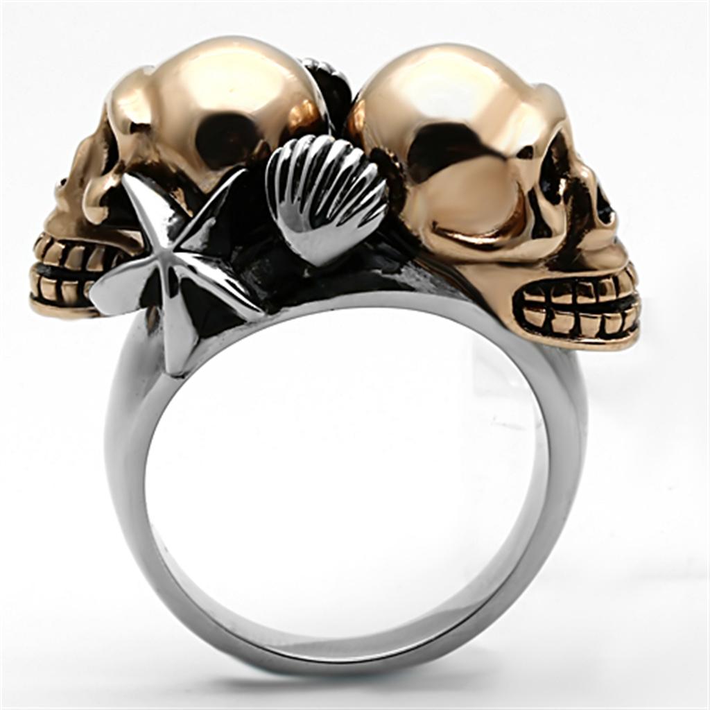 TK1119 Two-Tone IP Rose Gold Stainless Steel Ring featuring a glossy jet epoxy center stone, showcasing elegance and durability.