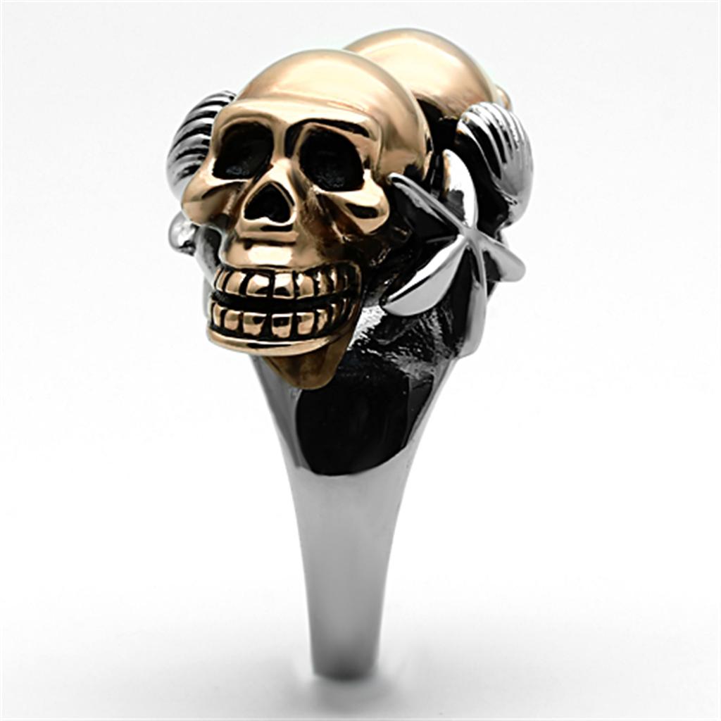 TK1119 Two-Tone IP Rose Gold Stainless Steel Ring featuring a glossy jet epoxy center stone, showcasing elegance and durability.