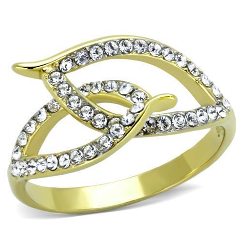 TK1907 Two-Tone IP Gold Stainless Steel Ring featuring a clear top-grade crystal centerpiece, showcasing a luxurious design.