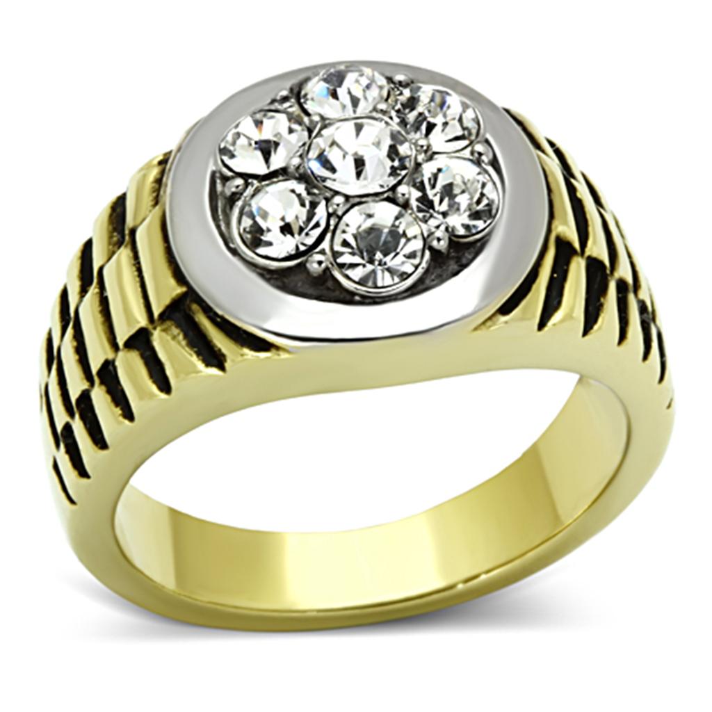 TK1191 Two-Tone IP Gold Stainless Steel Ring featuring a clear top-grade crystal centerpiece, showcasing a luxurious design.