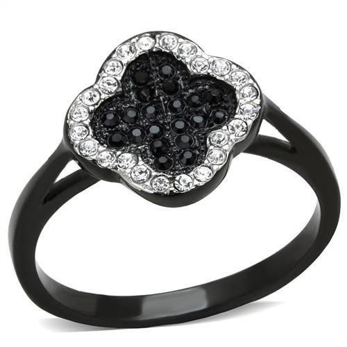 TK1917 Two-Tone IP Black Stainless Steel Ring featuring a jet-colored top-grade crystal centerpiece, showcasing modern elegance.