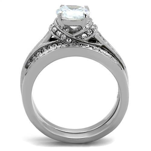 TK1919 High Polished Stainless Steel Ring featuring a clear AAA grade cubic zirconia center stone, showcasing its elegant design and shine.
