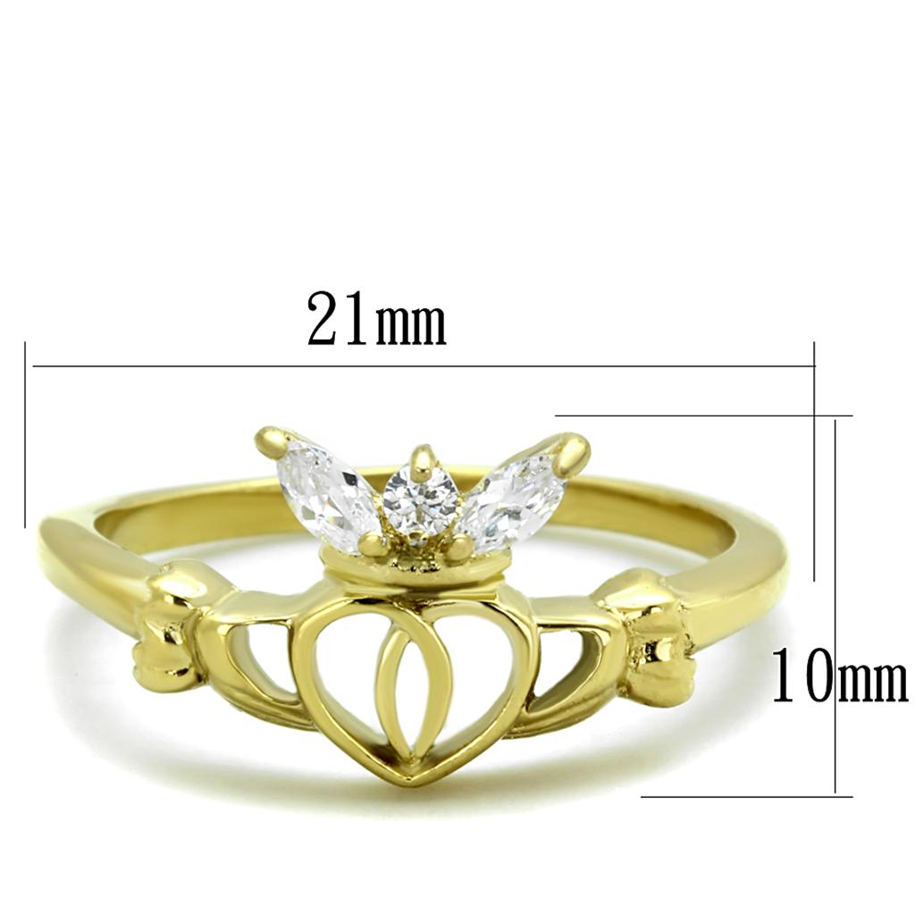 TK1926 IP Gold Stainless Steel Ring featuring AAA Grade CZ, showcasing its elegant design and clear center stone.