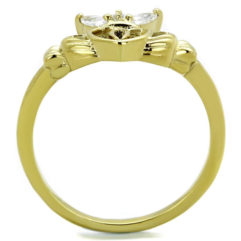 TK1926 IP Gold Stainless Steel Ring featuring AAA Grade CZ, showcasing its elegant design and clear center stone.