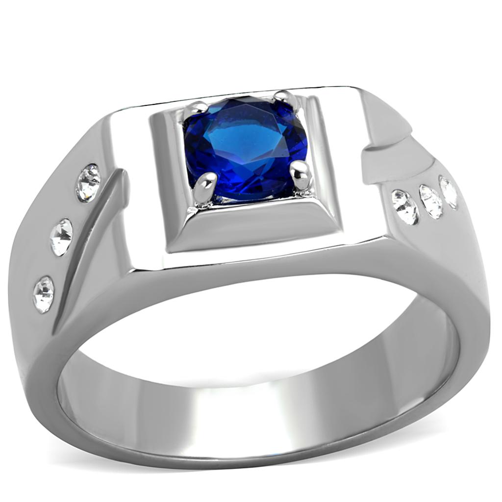 TK1929 High Polished Stainless Steel Ring with synthetic glass center stone in Montana color, showcasing a brilliant shine.