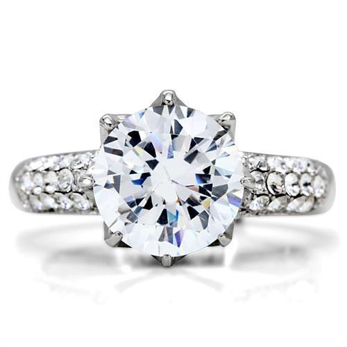 TK197 High Polished Stainless Steel Ring featuring a clear AAA Grade CZ center stone, showcasing its elegant design and shine.