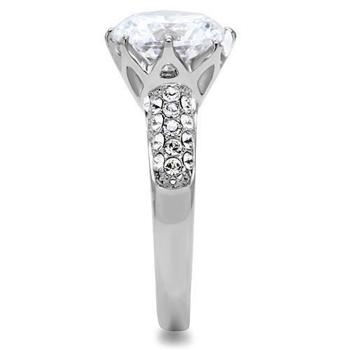 TK197 High Polished Stainless Steel Ring featuring a clear AAA Grade CZ center stone, showcasing its elegant design and shine.