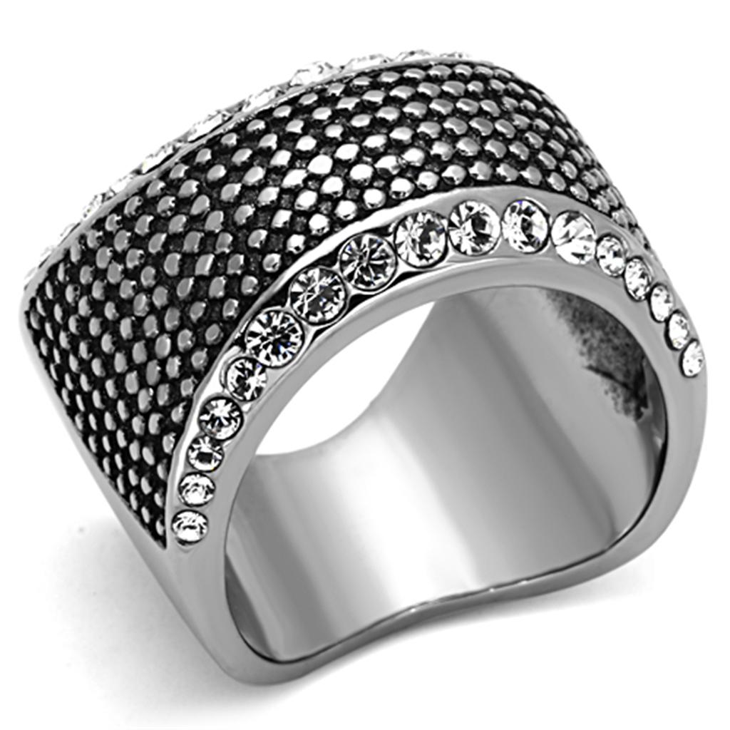 TK1198 High Polished Stainless Steel Ring featuring a clear top-grade crystal centerpiece, showcasing a sleek and modern design.