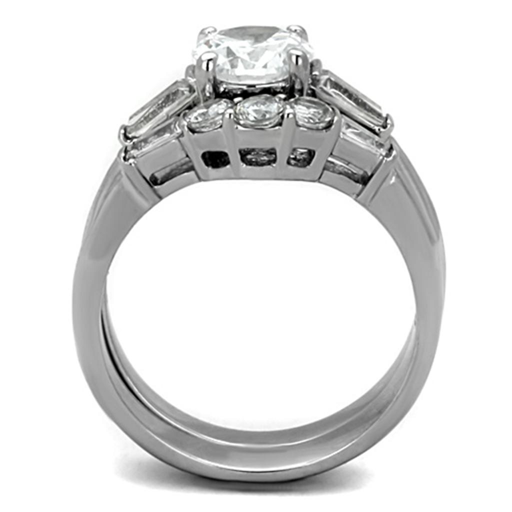 TK1W001 High Polished Stainless Steel Ring featuring a clear AAA grade cubic zirconia stone, showcasing its elegant design and shine.