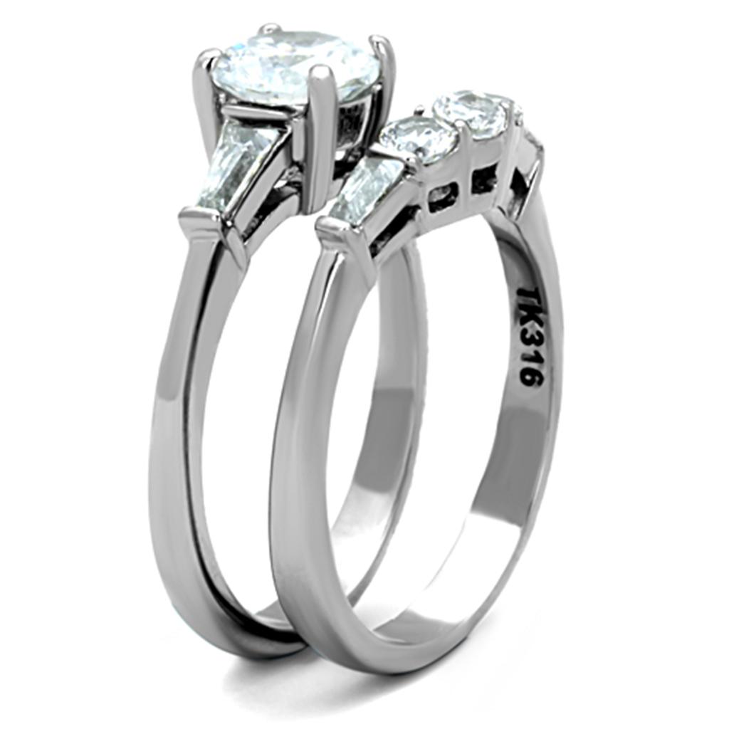TK1W001 High Polished Stainless Steel Ring featuring a clear AAA grade cubic zirconia stone, showcasing its elegant design and shine.