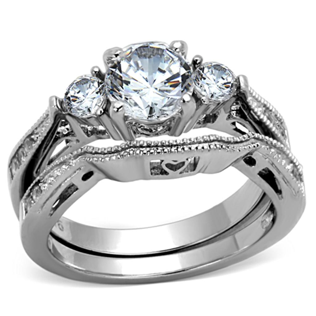 High polished stainless steel ring featuring a clear AAA grade cubic zirconia center stone, showcasing a sleek and elegant design.