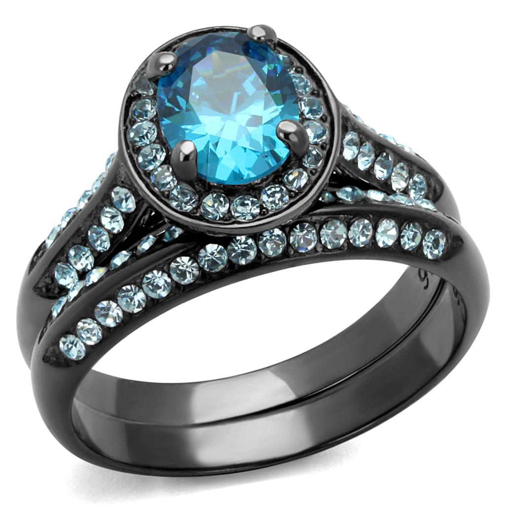 TK1W163LJ IP Light Black Stainless Steel Ring featuring AAA Grade Sea Blue CZ stone, showcasing a modern and elegant design.