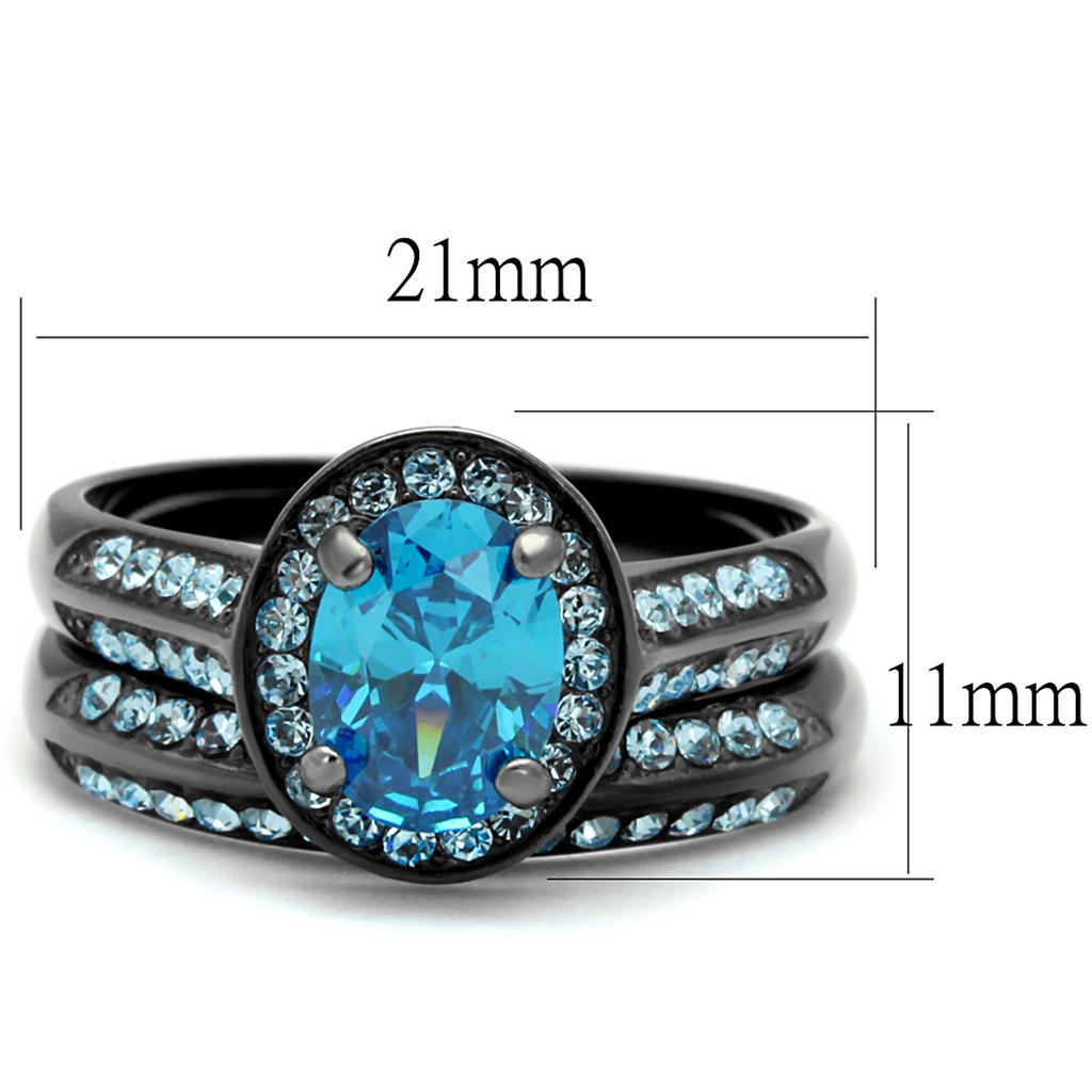 TK1W163LJ IP Light Black Stainless Steel Ring featuring AAA Grade Sea Blue CZ stone, showcasing a modern and elegant design.