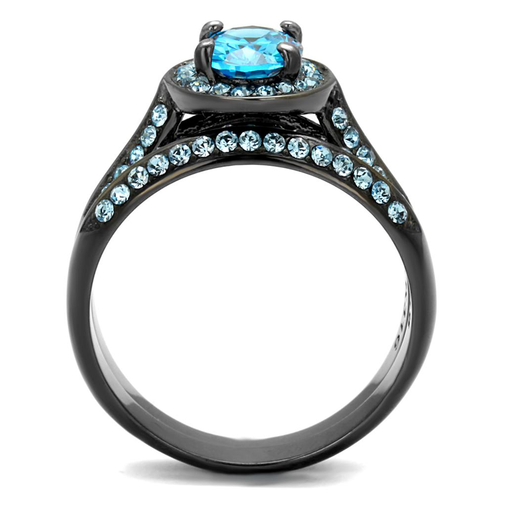 TK1W163LJ IP Light Black Stainless Steel Ring featuring AAA Grade Sea Blue CZ stone, showcasing a modern and elegant design.