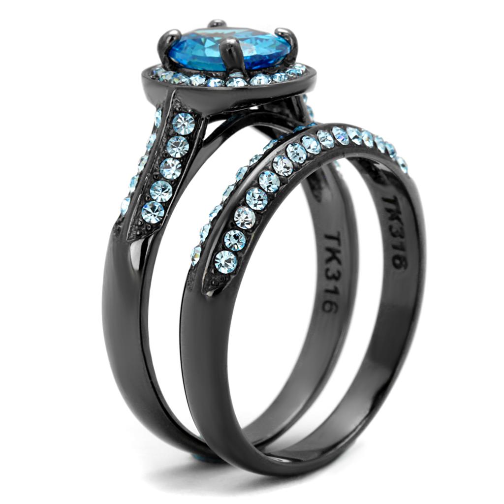 TK1W163LJ IP Light Black Stainless Steel Ring featuring AAA Grade Sea Blue CZ stone, showcasing a modern and elegant design.