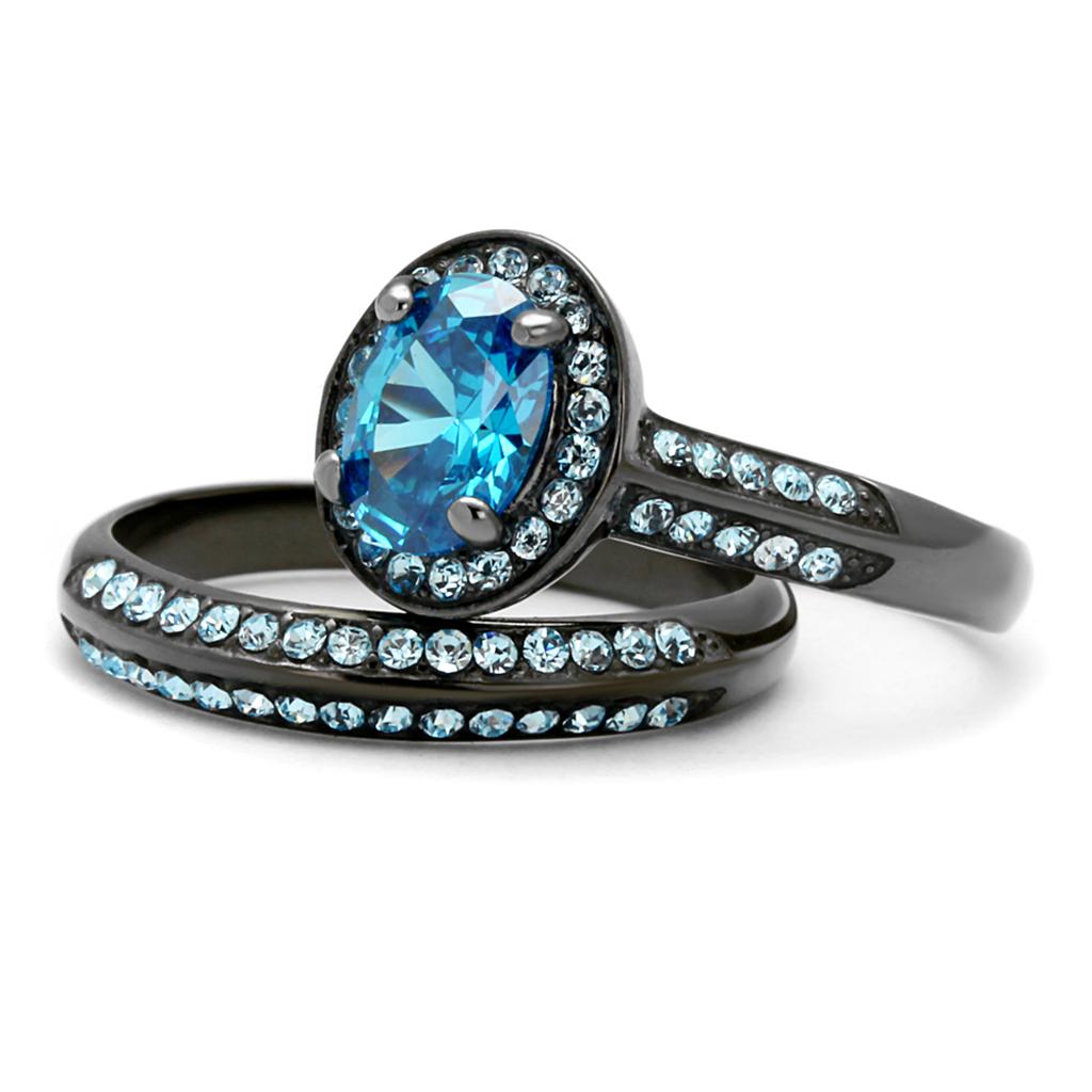 TK1W163LJ IP Light Black Stainless Steel Ring featuring AAA Grade Sea Blue CZ stone, showcasing a modern and elegant design.