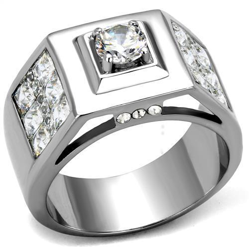 TK2220 High Polished Stainless Steel Ring featuring a clear AAA Grade CZ center stone, showcasing its elegant design and shine.
