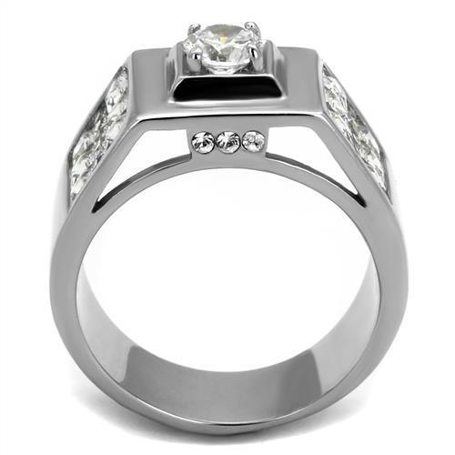 TK2220 High Polished Stainless Steel Ring featuring a clear AAA Grade CZ center stone, showcasing its elegant design and shine.