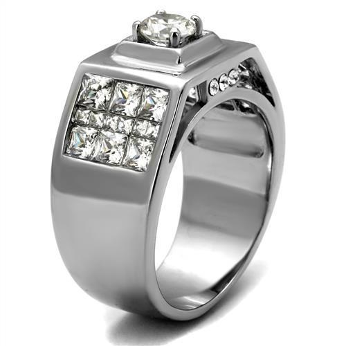TK2220 High Polished Stainless Steel Ring featuring a clear AAA Grade CZ center stone, showcasing its elegant design and shine.