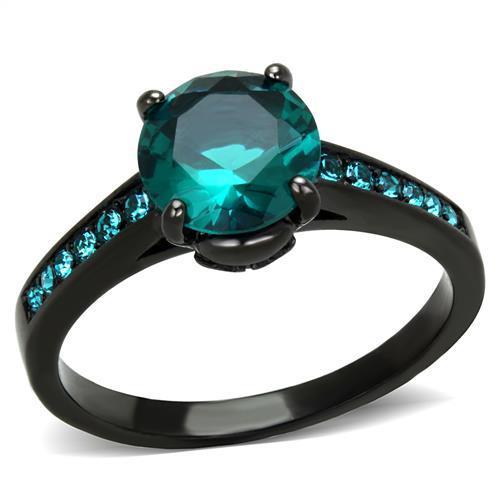 TK2014 IP Black Stainless Steel Ring featuring a blue zircon synthetic stone, showcasing a sleek design with ion plating.
