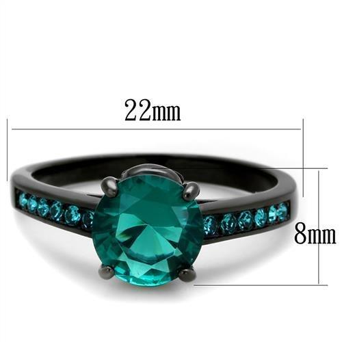 TK2014 IP Black Stainless Steel Ring featuring a blue zircon synthetic stone, showcasing a sleek design with ion plating.