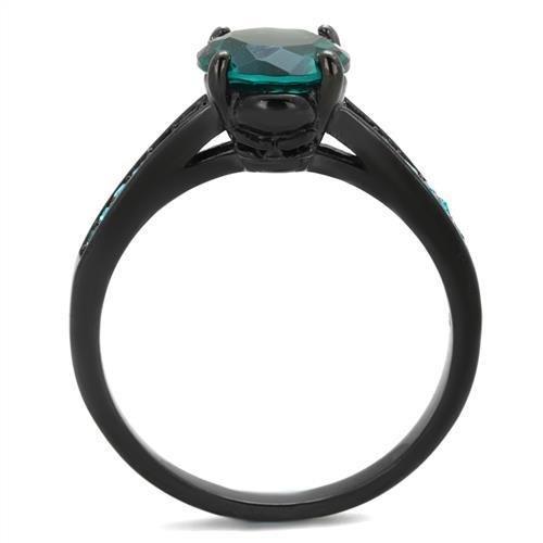 TK2014 IP Black Stainless Steel Ring featuring a blue zircon synthetic stone, showcasing a sleek design with ion plating.