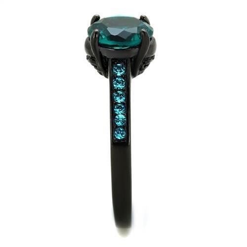 TK2014 IP Black Stainless Steel Ring featuring a blue zircon synthetic stone, showcasing a sleek design with ion plating.