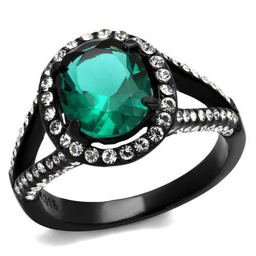 TK2202 IP Black Stainless Steel Ring featuring a blue zircon synthetic stone, showcasing a modern and elegant design.