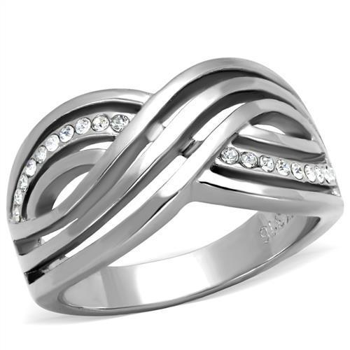 TK2025 High Polished Stainless Steel Ring featuring a clear top-grade crystal centerpiece, showcasing a sleek and modern design.