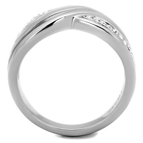 TK2025 High Polished Stainless Steel Ring featuring a clear top-grade crystal centerpiece, showcasing a sleek and modern design.