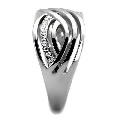 TK2025 High Polished Stainless Steel Ring featuring a clear top-grade crystal centerpiece, showcasing a sleek and modern design.