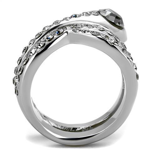 TK2038 High Polished Stainless Steel Ring featuring a black diamond crystal centerpiece, showcasing its elegant design and shiny finish.