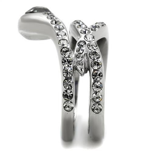 TK2038 High Polished Stainless Steel Ring featuring a black diamond crystal centerpiece, showcasing its elegant design and shiny finish.