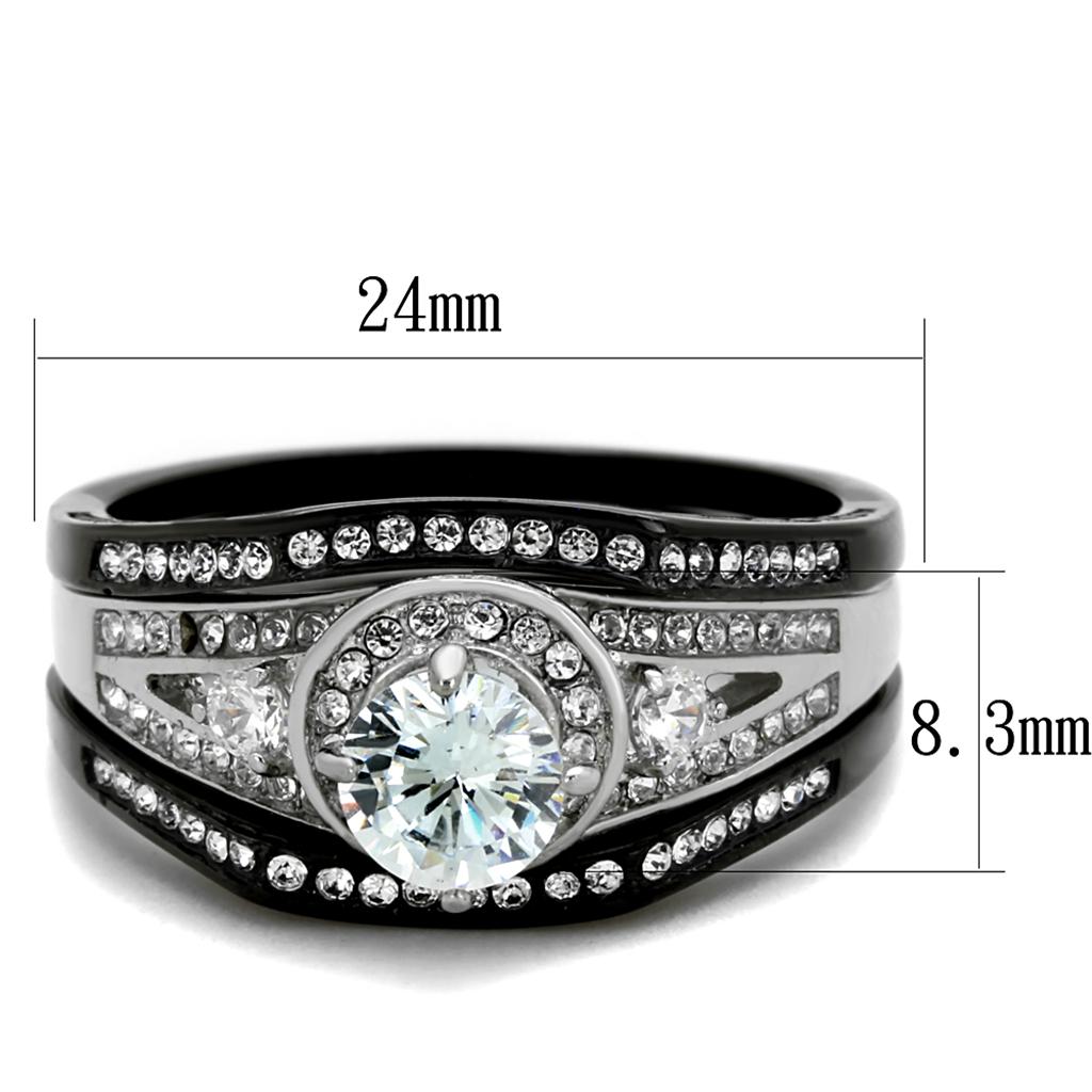 TK2044 Two-Tone IP Black Stainless Steel Ring featuring a clear AAA Grade CZ stone, showcasing a modern and elegant design.