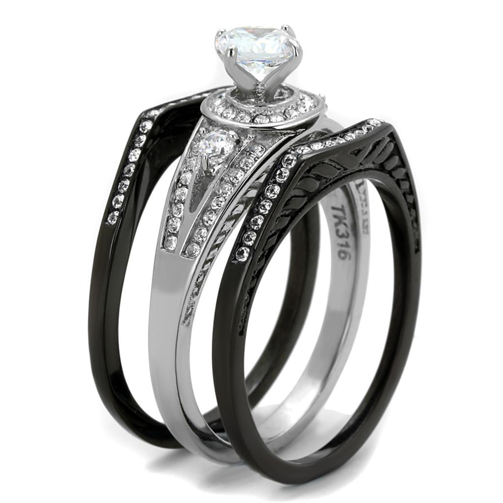 TK2044 Two-Tone IP Black Stainless Steel Ring featuring a clear AAA Grade CZ stone, showcasing a modern and elegant design.