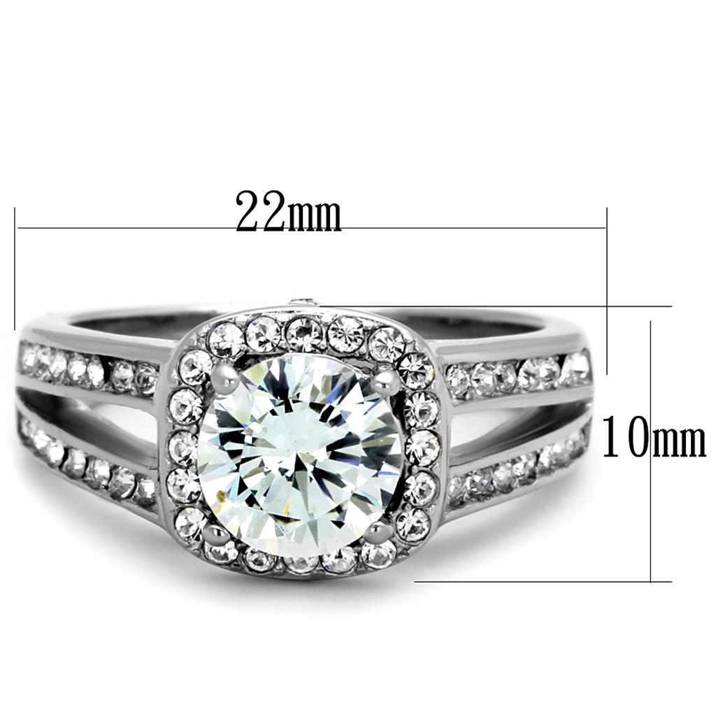 TK2043 High Polished Stainless Steel Ring featuring a clear AAA Grade CZ center stone, showcasing its elegant design and shine.