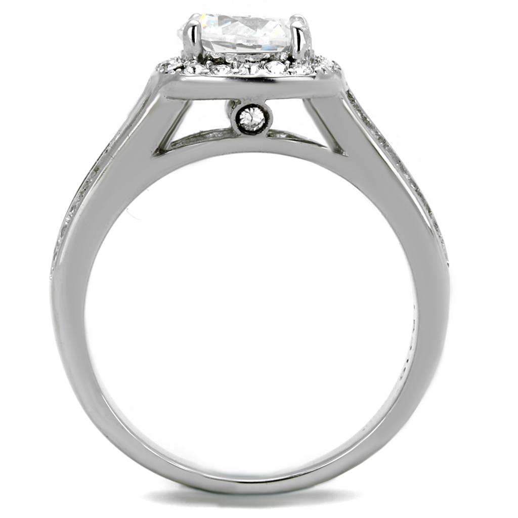 TK2043 High Polished Stainless Steel Ring featuring a clear AAA Grade CZ center stone, showcasing its elegant design and shine.