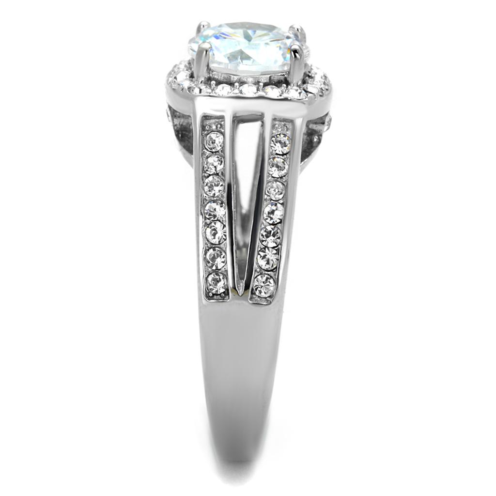 TK2043 High Polished Stainless Steel Ring featuring a clear AAA Grade CZ center stone, showcasing its elegant design and shine.