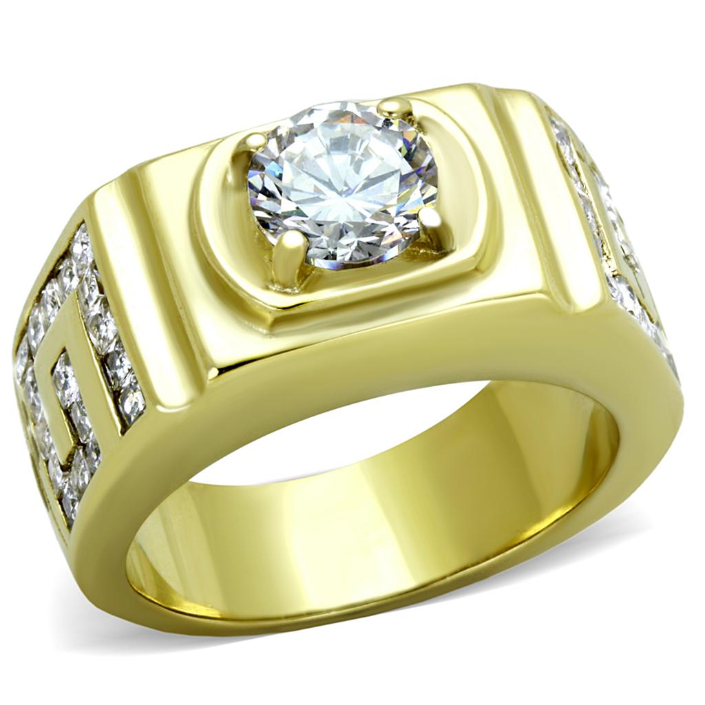 TK2045 IP Gold Stainless Steel Ring featuring a clear AAA Grade CZ center stone, showcasing its elegant design and luxurious finish.