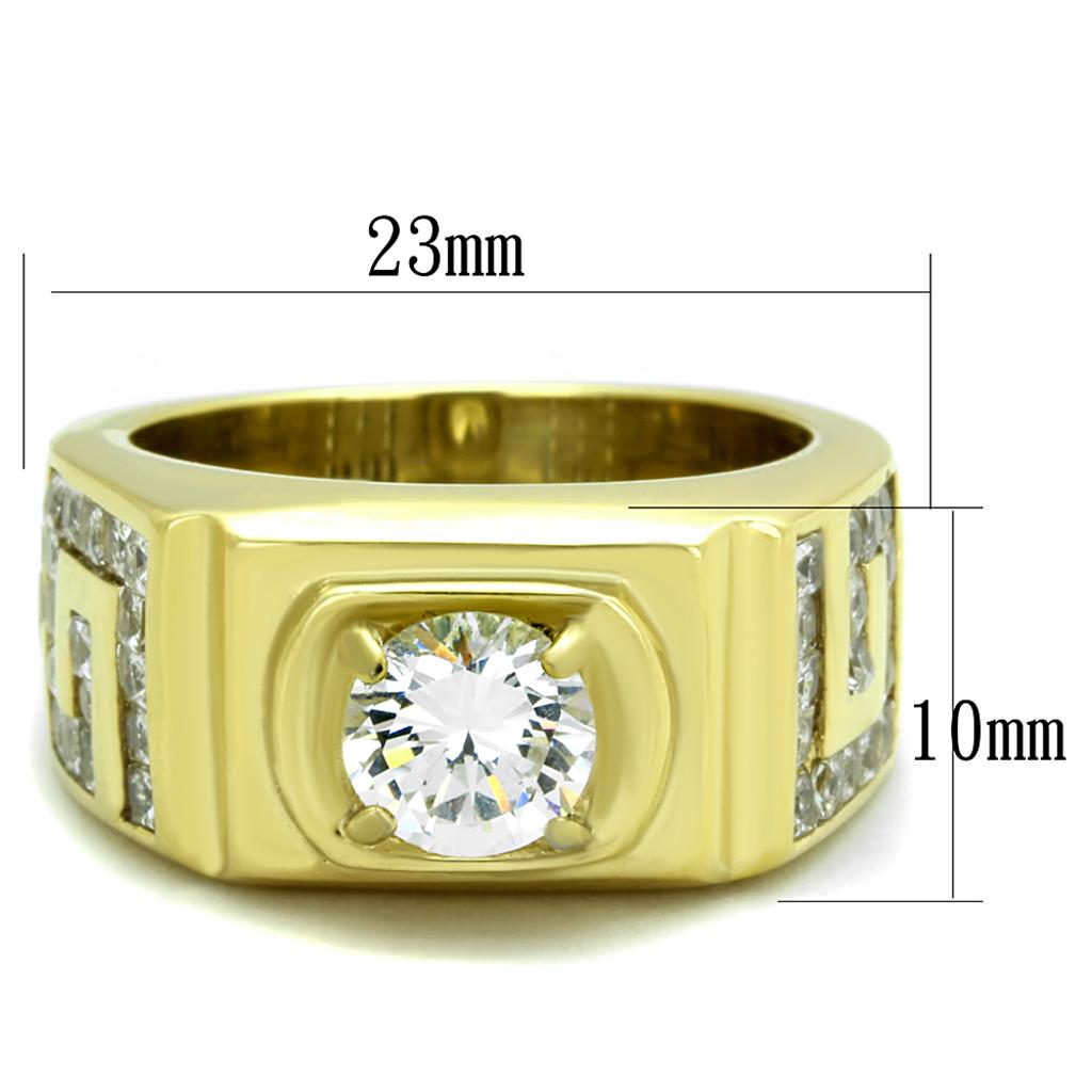 TK2045 IP Gold Stainless Steel Ring featuring a clear AAA Grade CZ center stone, showcasing its elegant design and luxurious finish.
