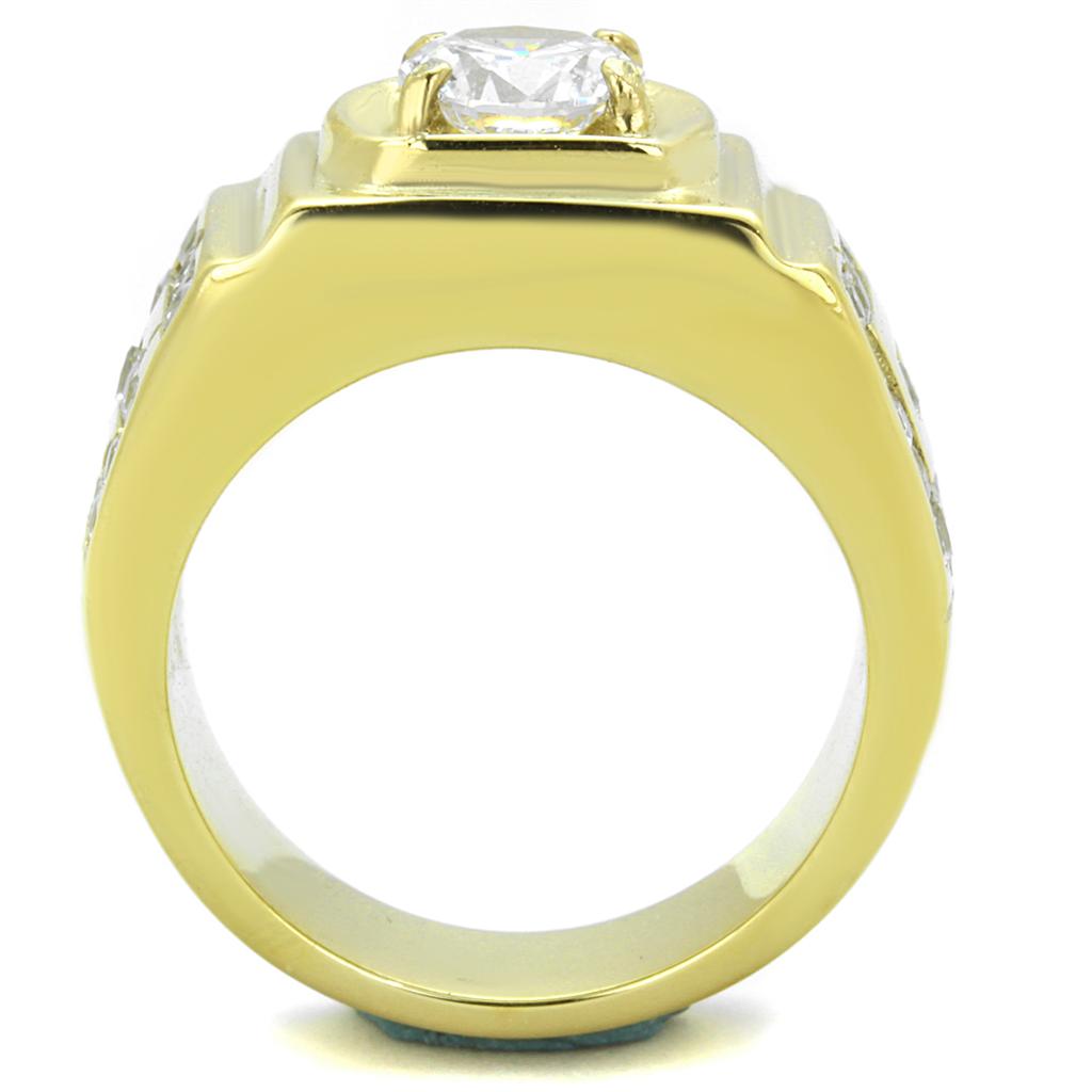 TK2045 IP Gold Stainless Steel Ring featuring a clear AAA Grade CZ center stone, showcasing its elegant design and luxurious finish.